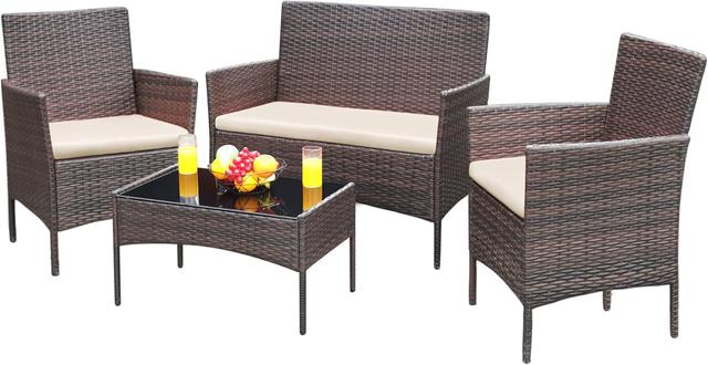 Product image of Greesum Patio Furniture 4 Pieces Conversation Sets Outdoor Wicker Rattan Chairs Garden Backyard Balcony Porch Poolside loveseat with Soft Cushion and Glass Table, Brown and Beige
