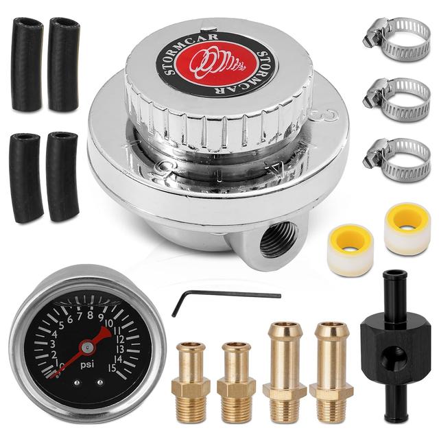 Product image of Universal Adjustable 1-5 PSI Carb Fuel Pressure Regulator Kit with 0-15 PSI Gauge, Fuel Block, and 8mm & 10mm Adapters for Carburetor Engine