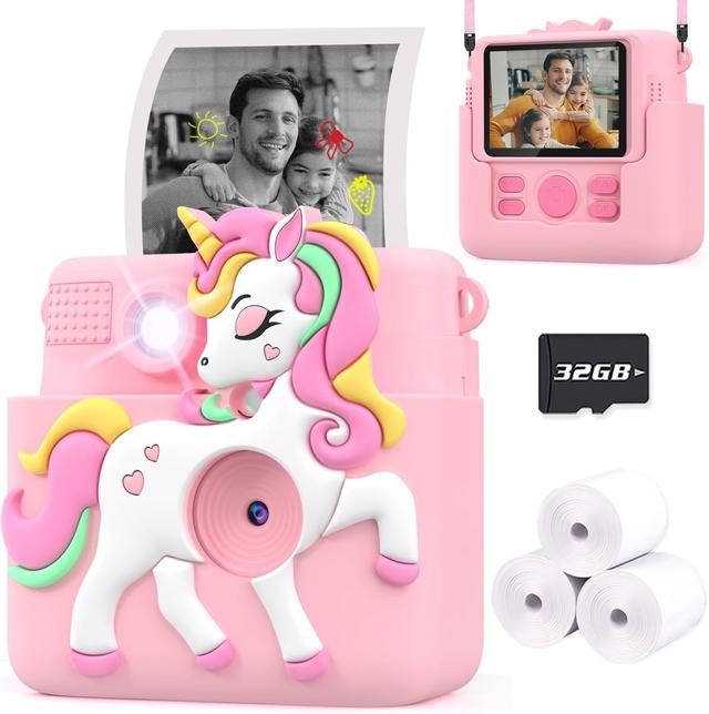 Product image of Kids Camera Instant Print with Silicone Cover, Creative Gifts for Girls Age 4-12 Birthday Christmas, 1080P Digital Camera Toy with 32GB SD Card - Pink