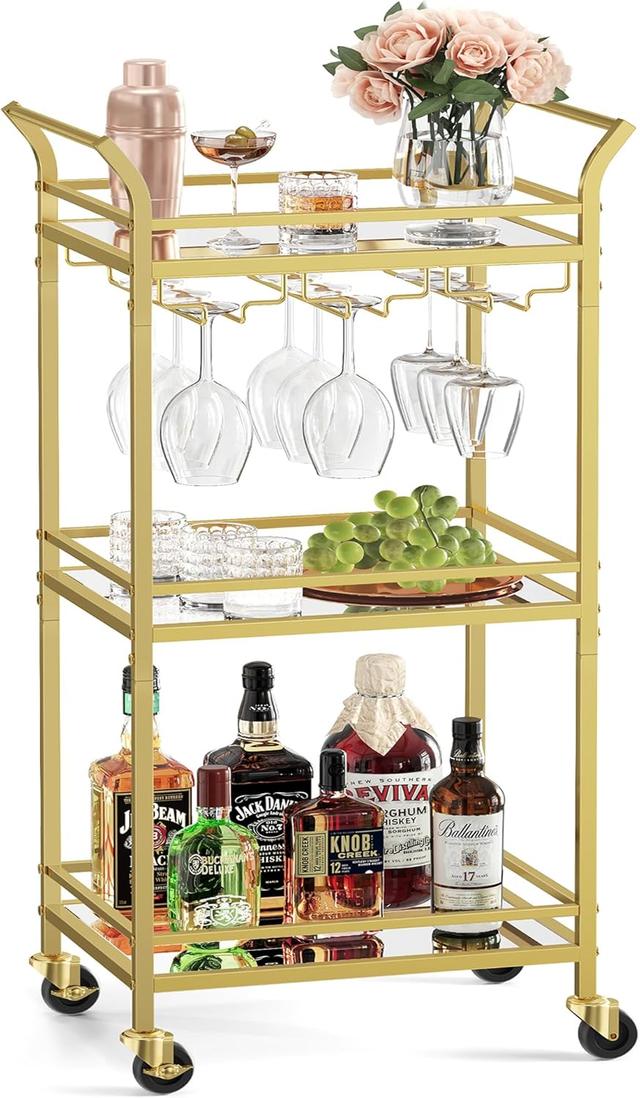 Product image of VASAGLE Bar Cart, Home Bar Serving Cart, Small Bar Cart with 3-Tier Shelf, Wine Holders, Glass Holders, Mini Bar Cart for Small Spaces, Kitchen, Dining Room, Living Room, Pale Gold