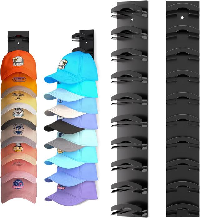 Product image of Hat Organizer for Baseball Caps 2Pack, Hat Rack for Wall with Strong Adhesive Hold up to 20 Hats, Hat Hanger Holder Display for Door Closet, Cap Organizer Storage Multilayer Two Mounting Option(Black)