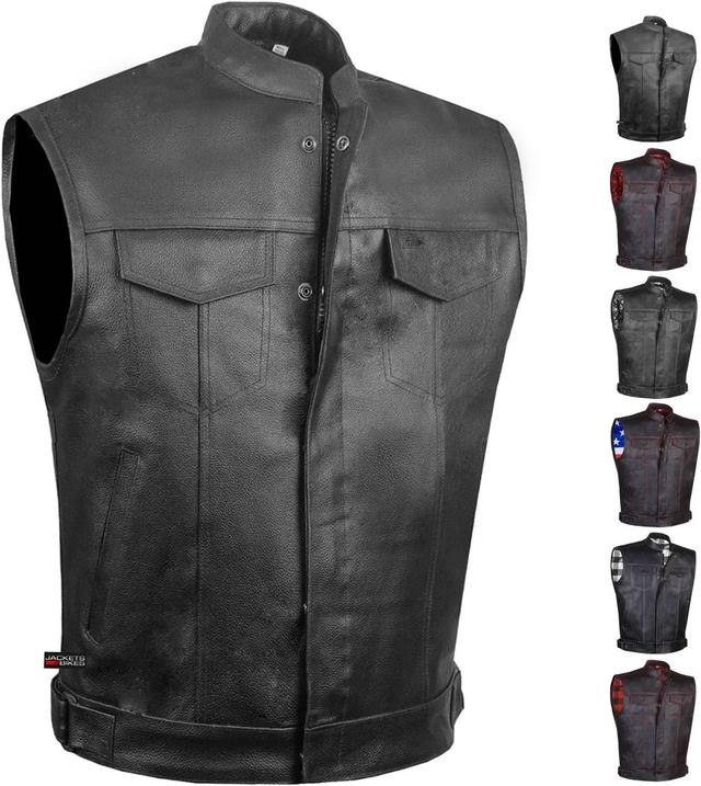 Product image of SOA Men's Leather Motorcycle Concealed Gun Pockets Biker Club Vest w/Armor