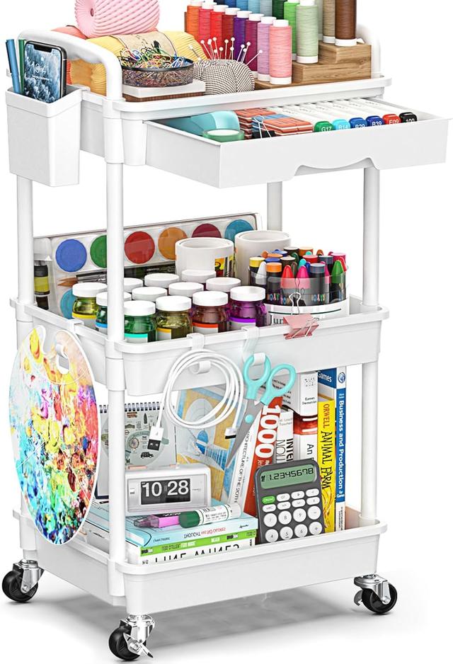 Product image of 3-Tier Rolling Cart with Drawer & Lockable Wheels, Plastic Shelf Storage Organizer Cart – Easy Assembly, Waterproof Design for Kitchen, Bathroom, Office, White
