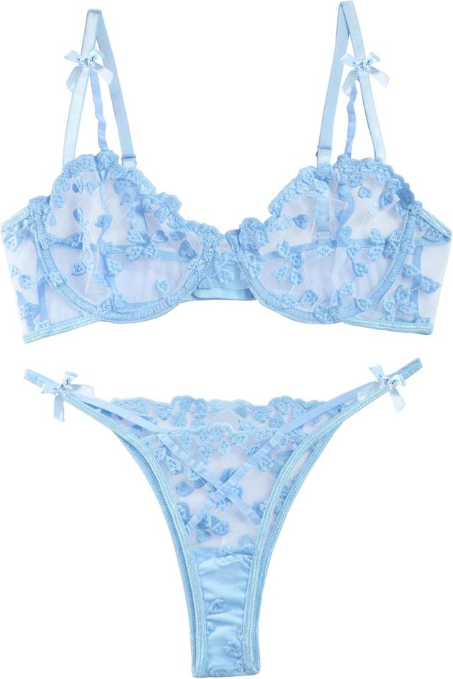 Product image of Lilosy Sexy Underwire Cute Push Up Strappy Embroidered Mesh Sheer Lingerie Set See Through Panty Bra