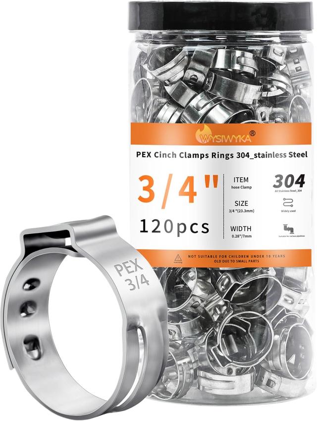 Product image of 120pcs 3/4 inch PEX Cinch Clamps Rings, 304 Stainless Steel Single Ear Hose Clamps, Pex Crimp Rings for PEX Tubing Pipe Fitting Connections