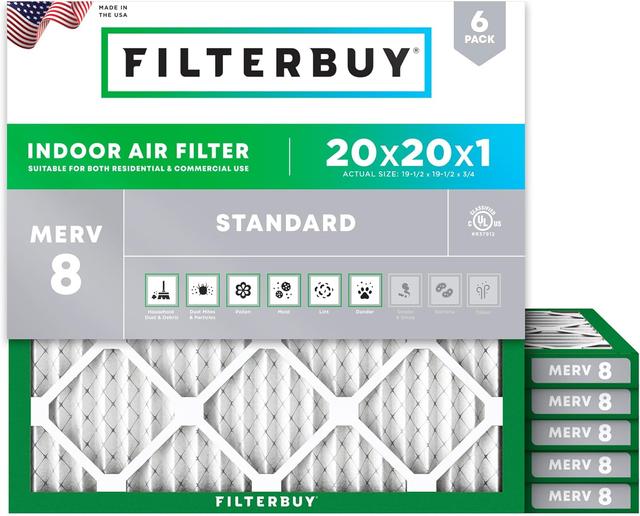 Product image of Filterbuy 20x20x1 Air Filter MERV 8 Dust Defense (6-Pack), Pleated HVAC AC Furnace Air Filters Replacement (Actual Size: 19.50 x 19.50 x 0.75 Inches)