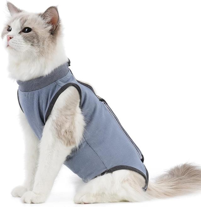 Product image of Cat Surgery Recovery Suit Cat Onesie for Cats After Surgery Spay Surgical Abdominal Wound Skin Diseases E-Collar Alternative Wear (Grey-Blue-M)