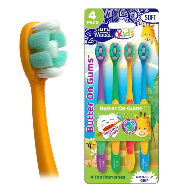 Product image of GuruNanda Butter On Gums Kids Toothbrush - 4 Pack Extra Soft Bristles Toothbrush for Kids, Multi-Colored & Fun to Use for Beginner Cleaning - Ergonomic Grip Handle - BPA & Cruelty-Free (Age 3+)