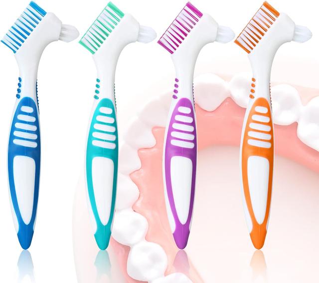 Product image of Denture Brush 4PCS Denture Toothbrushes，Cleaning Brush Double Sided Toothbrush with Multi-Layered Bristles and Rubber Anti-Slip Handle - for Denture Cleaning Care (Green,Purple,Blue,Orange)