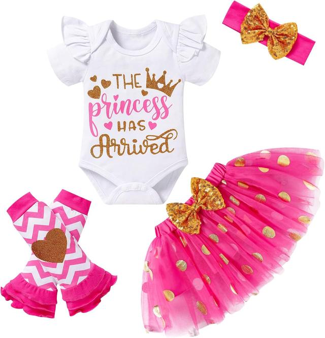 Product image of Newborn Baby Girl Outfits Infant Letter Print Romper+Tutu Skirt+Headband+Legging Warmer Coming Home Clothes Set
