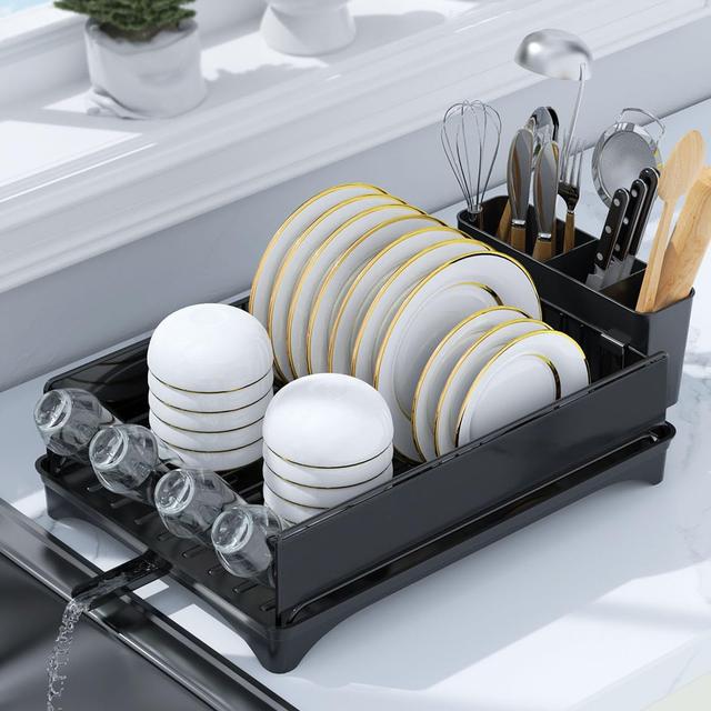 Product image of Dish Drying Rack, Dish Racks for Kitchen Counter with Drain, Dish Drying Rack for Kitchen Counter with Cutlery Holder.16.5"(D) X 12"(W) (Black)