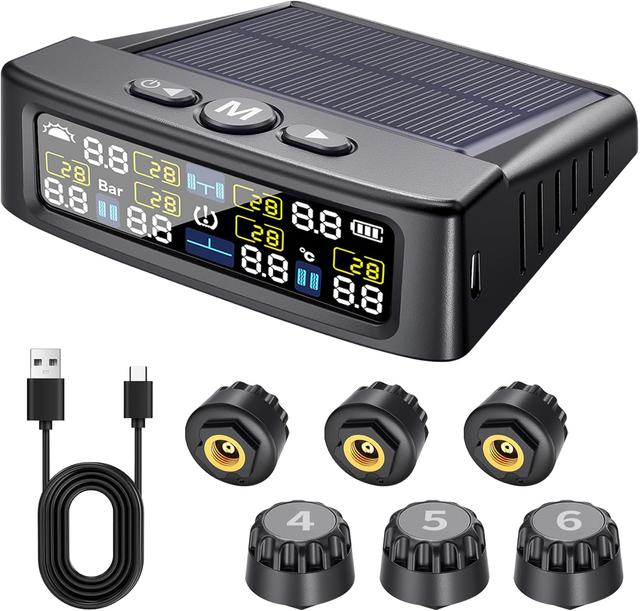 Product image of RV Tire Pressure Monitoring System -TPMS Tire Pressure Monitor with 6 Sensors,M12-3 TPMS Solar Charge & USB Color LCD Display, 0-9.9BAR/144PSI Range, 6 Alarm Modes for RV/Trailer/Truck IP67