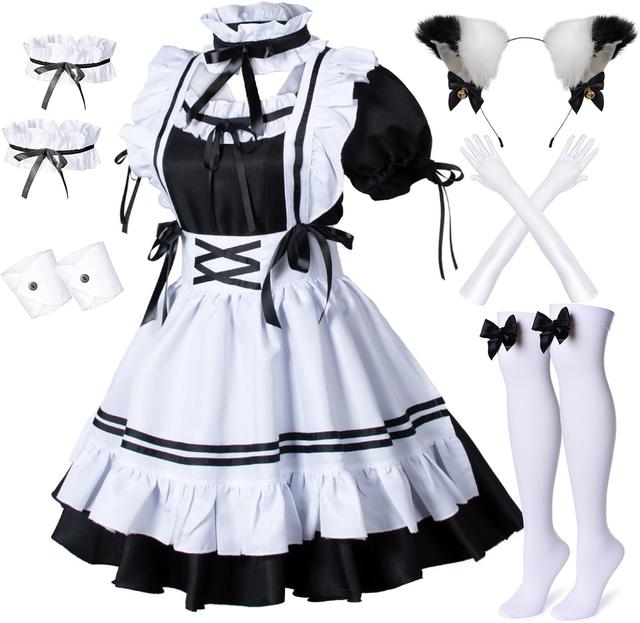 Product image of Wannsee Anime French Maid Apron Lolita Fancy Dress Cosplay Costume Furry Cat Ear Gloves Socks set(XL)
