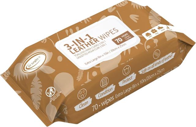Product image of Air Jungles 3in1 Leather Cleaner Wipes 70 Count, Extra Large 8" x 10" Size, Clean Condition Protect Wipes for Vinyl and Leather Apparel Furniture Auto Car Interior Shoes Boots Bags