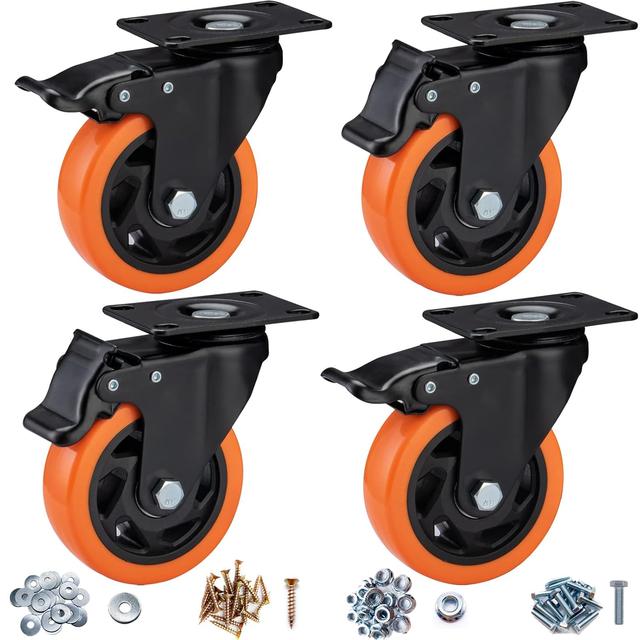 Product image of 4" Caster Wheels, Casters Set of 4 Heavy Duty - Orange Polyurethane Castors, Top Plate Swivel Wheels, 4-Pack Industrial Casters with Brake, Locking Caster for Furniture and Workbench