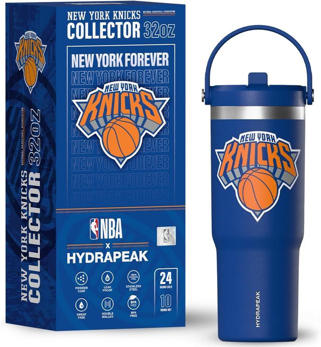 Product image of Hydrapeak x NBA Officially Licensed New York Knicks 32oz Nomad Stainless Steel Tumbler with Handle and Straw Lid, Leakproof Water Bottle in Limited Edition Collector's Gift Box