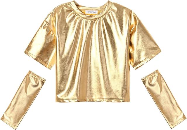 Product image of Perfashion Girls Metallic Shirts with Arm Sleeves, Shiny Crop Top for Dancing, Raves, Festivals, Costumes 4-15 Years