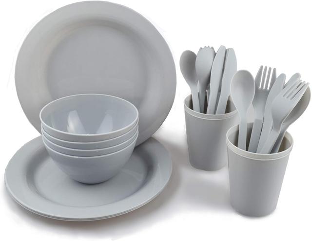 Product image of Plastic Plates and Bowls Sets,College Dorm Room Essentials Dishes Set Camping Plates,Dinnerware Accessories Mess Kit-Microwaveoven Safe BPA-Free with Mesh Bag-24PCS