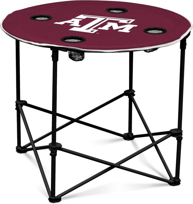 Product image of Logo Brands NCAA Texas A&M Aggies Round Tailgating Table – Portable with Foldable Legs, 4 Cup Holders, Powder-Coated Steel, and 27.6" Surface Diameter, Team Color