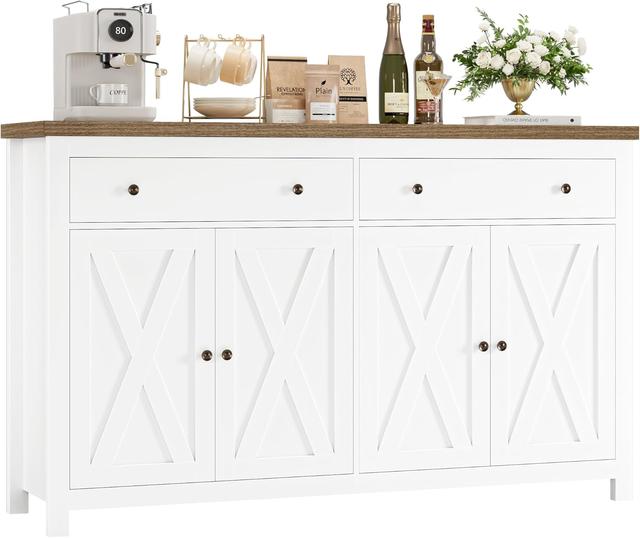 Product image of FOTOSOK Sideboard Buffet Cabinet with Storage, 55" Large Kitchen Storage Cabinet with 2 Drawers and 4 Doors, Wood Coffee Bar Buffet Table Console Table for Kitchen Dining Room, White