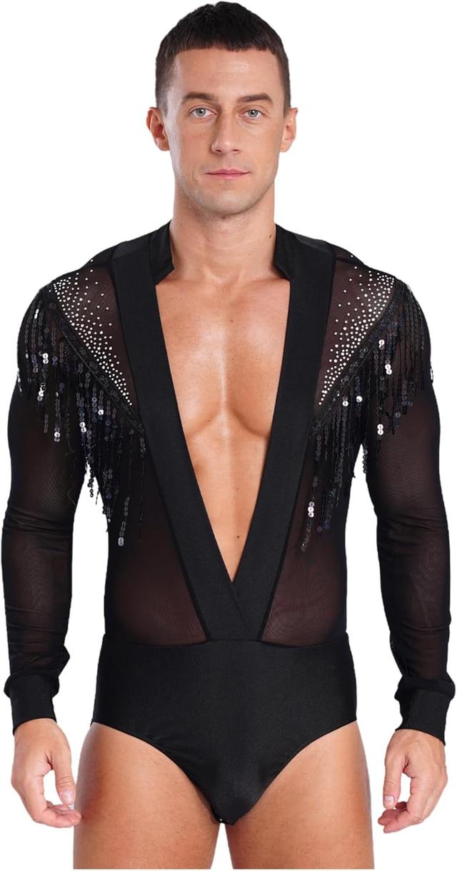 Product image of Men Latin Dance Shirt Leotard Deep V Neck Sheer Mesh Jumpsuit Salsa Samba Cha Cha Tango Dance Top