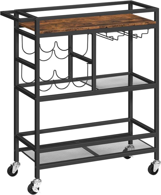 Product image of Bar Cart for Home, 3-Tier Serving Cart with Wheels and Handle, Beverage Cart with Wine Rack and Glass Holders, Rolling Wine Cart for Kitchen, Dining Room, Rustic Brown RCHR6101