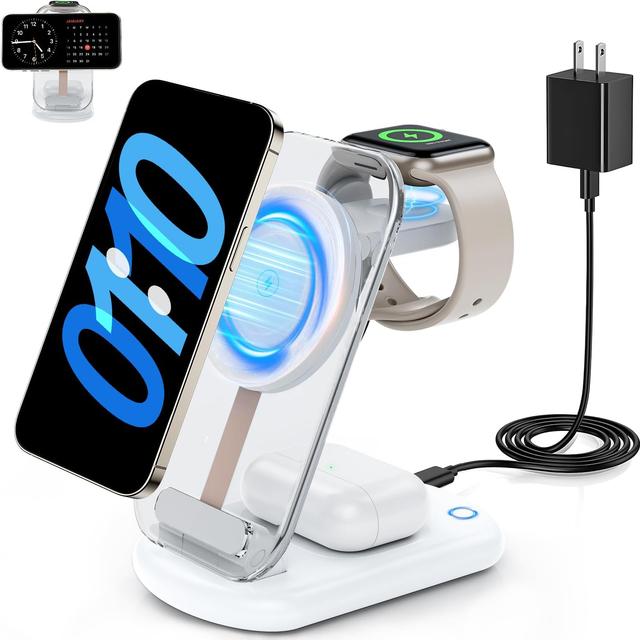 Product image of 2025 Magnetic Wireless Mag-Safe Charger Stand,3 in 1 Charger with Light for iPhone 16 15 14 13 12 Pro Max Plus,Charging Pad for Apple Watch Series & Air pods 4 3 2 Pro(White)