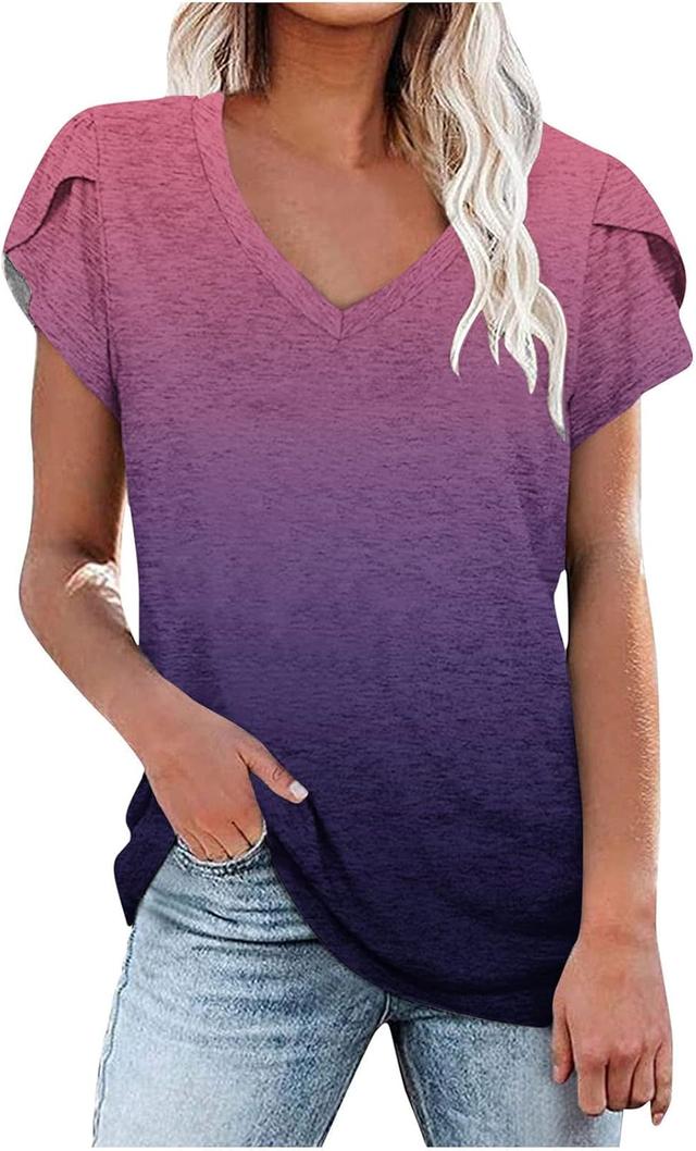 Product image of JOAU Womens Summer Top Sexy V Neck Petal Short Sleeve Shirt Casual Flowy Gradient Blouse Comfy Loose Fit Stretchy Tees Tops
