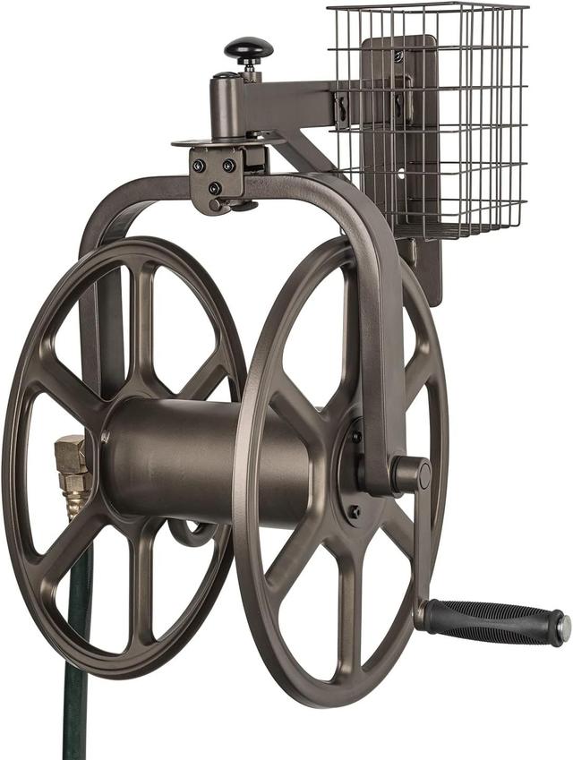 Product image of Liberty GARDEN 712 Single Arm Navigator Multi-Directional Garden Hose Reel, Holds 125-Feet of, 5/8-Inch, Bronze