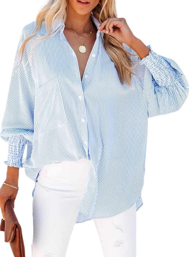 Product image of Womens Smocked Cuffed Striped Boyfriend Shirt Casual Collar Long Sleeve Oversized Button Down Blouse Tops with Pocket Shirred