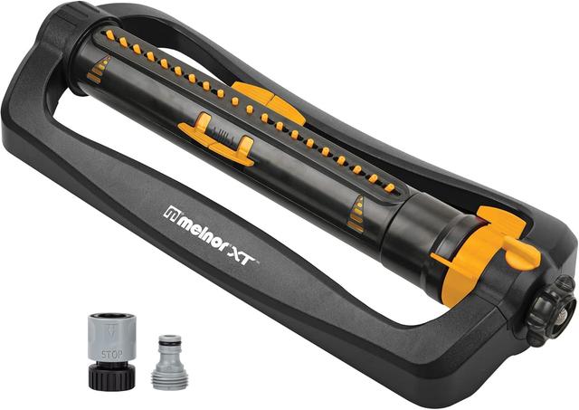 Product image of Melnor 65167AMZ XT Turbo Oscillating Sprinkler, 4,500 sq. ft., Quick Connect Bundle, 3-Way Adjustable, Black, Yellow