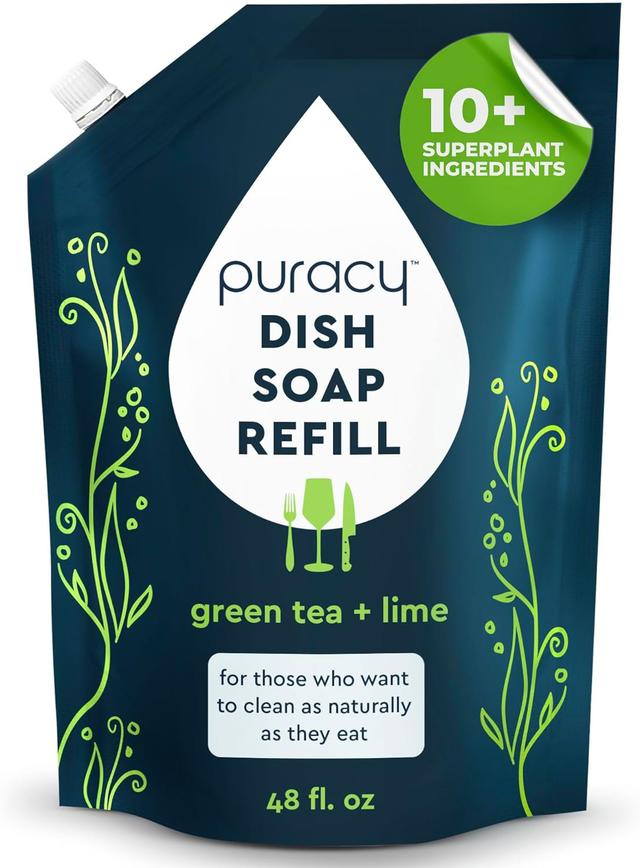 Product image of Puracy Natural Dish Soap Refill - Skin-Softening Plant-Based Liquid Dishwashing Detergent Soap, Clean-Rinsing Water-Sheeting Formula (Green Tea & Lime, 48 fl oz)
