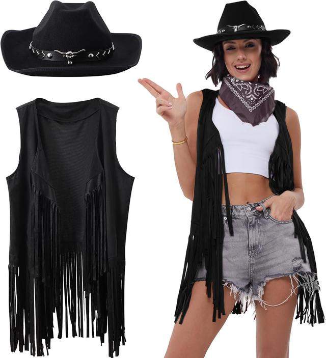 Product image of Western Outfits for Women Cowgirl Tassel Sleeveless Vest Cowboy Hat and Paisley Bandana