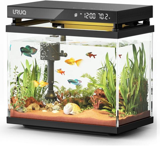 Product image of Fish Tank Smart Aquarium Kit: 2 Gallon UHD Glass Silent Water Pump Self Cleaning Multi-layer Filtration System - Temperature Sensing 7-color Lighting for Small Fish Betta Kids Room Desktop Decor Black