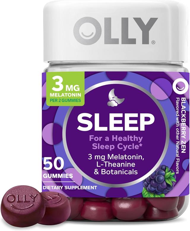 Product image of OLLY Sleep Gummy, 3 mg Melatonin, L-Theanine, Chamomile, Lemon Balm, Sleep Aid, Blackberry, 50 Count (Packaging May Vary)