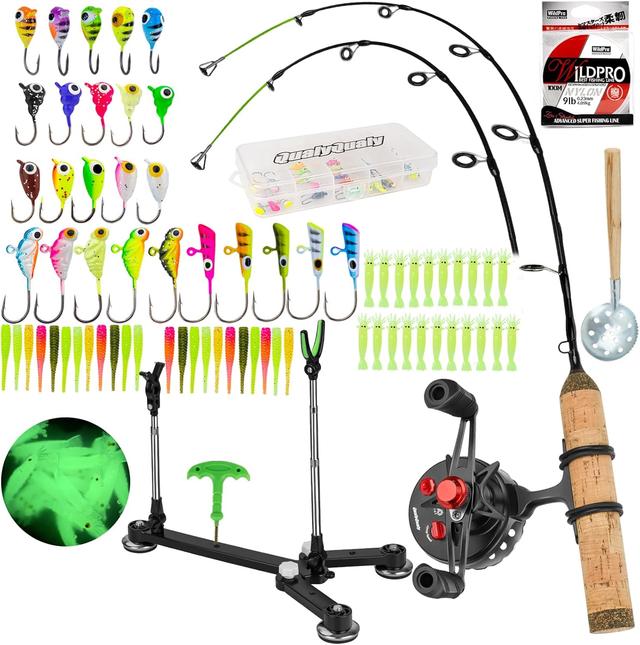 Product image of QualyQualy Ice Fishing Rod Reel Combo Complete Set Ice Fishing Gear with Backpack Seat Ice Cleats Ice Fishing Jigs Line Full Ice Fishing Kit 24" 26"