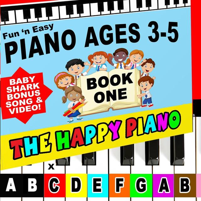 Product image of The HAPPY PIANO Preschoolers Book & Color keyboard Stickers KIT. Used in preschools across USA! Kids Toddlers Ages 3-5. SO EASY! Beginner music, BABY SHARK lesson video (digital). 25K kids since 2006!