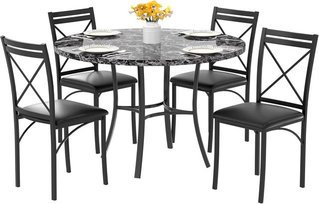 Product image of VECELO 5 Piece Dining Table Set for 4, Faux Marble Dinette with Chairs for Kitchen, Breakfast Nook, Small Space, Black