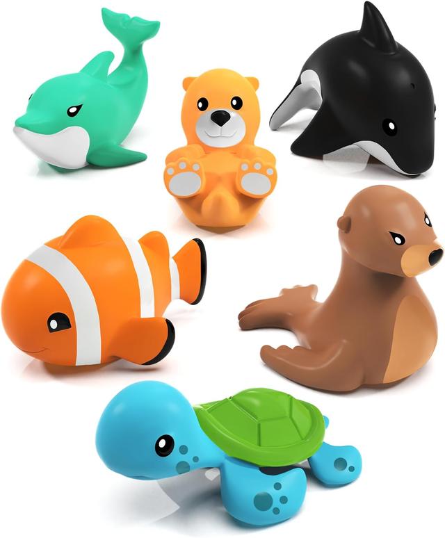 Product image of Tub Works® Marine™ Mold Free Bath Toys, 6 Pack | Sealed, No Hole Bath Toys Design Keeps Moisture Out | Soft, Squeezable & Float on Water | Easy-Grip Baby & Toddler Bath Toy Set | Great Baby Pool Toys