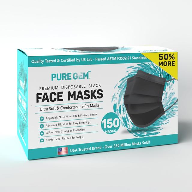 Product image of [Pack Of 100] Black Disposable Face Mask, 3-Ply Adult Masks, Facial Cover with Elastic Earloops For Home, Office, School, and Outdoors