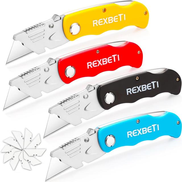 Product image of REXBETI 4-Pack Folding Pocket Utility Knife Quick-change SK5 Box Cutter for Cartons, Cardboard and Boxes, Back-lock Mechanism with 10 Extra Blades