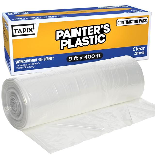 Product image of Painter's Plastic Film, 400' Length x 9' Width High, High Density Painters Plastic Sheeting Roll in Box with Dispense Hole for Easy Paint Plastic Covering