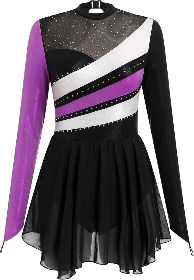 Product image of Ice Skating Dress for Women Long Sleeve Figure Skating Costume Rhythmic Gymnastics Leotard Sparkly Chiffon Skirt