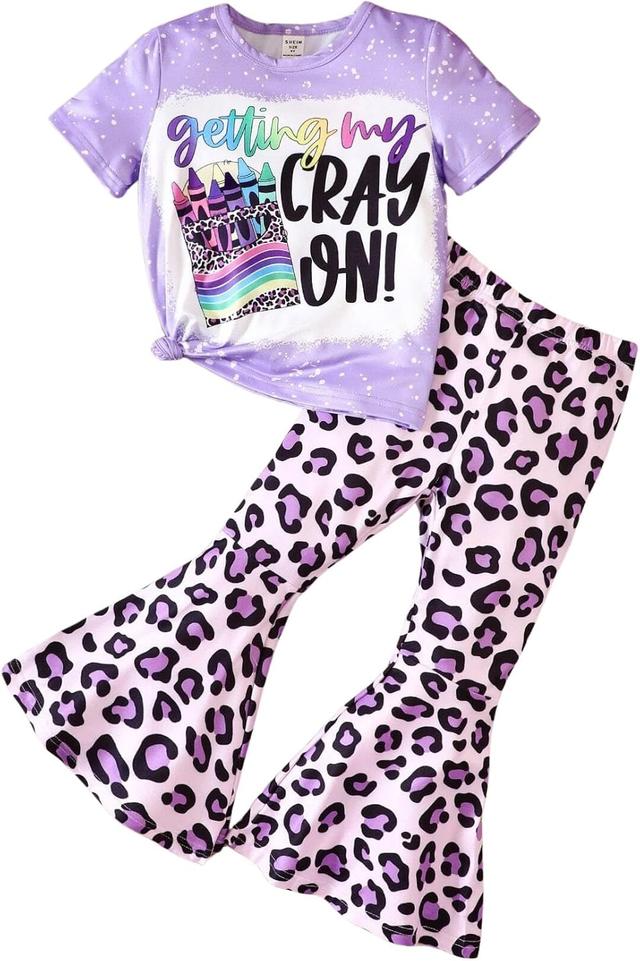 Product image of Kids Toddler Girl Clothes Letter Print Graphic Top + Leopard Print Flare Leg Pants 2PC Summer Clothing Set