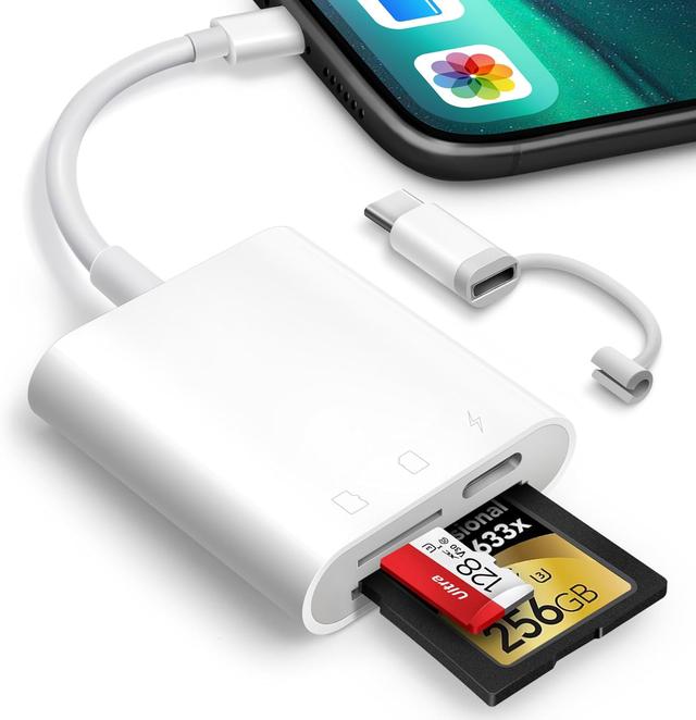 Product image of SD Card Reader for iPhone iPad, Oyuiasle Digital Trail Camera SD Card Viewer with Dual Slot for MicroSD/SD, Lightening&USBC Dual-Connector Memory Card Adapter for Photography, Plug and Play