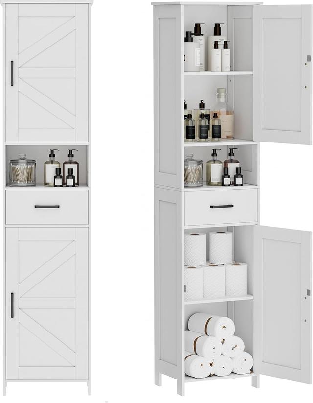 Product image of Homhedy 67" H Tall Bathroom Storage Cabinet with 2 Barn Doors and 1 Drawer, Narrow Storage Unit, Adjustable Shelves, Floor Cabinet for Bathroom, Living Room, Entryway, Kitchen, White, (15.7" W)