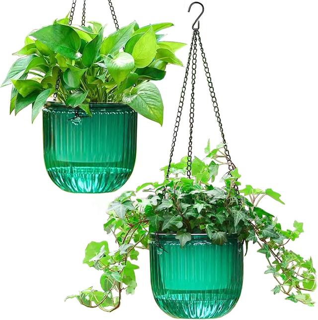 Product image of Melphoe 2 Pack Self Watering Hanging Planters Indoor Flower Pots, 6.5 Inch Outdoor Hanging Basket, Plant Hanger with 3Hooks Drainage Holes for Garden Home (Emerald)