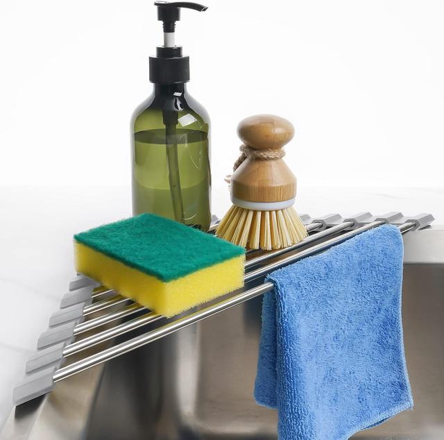 Product image of Tomorotec Triangle Roll-Up Dish Drying Rack for Sink Corner Small Foldable Stainless Steel Over The Sink Multipurpose Kitchen Drainer Caddy Organizer Storage Space Saver Shelf Holder (Gray)