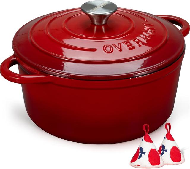 Product image of Overmont Enameled Cast Iron Dutch Oven - 5.5QT Pot with Lid Cookbook & Cotton Potholders - Heavy-Duty Cookware for Braising, Stews, Roasting, Bread Baking red