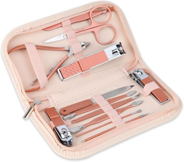 Product image of Nail Clippers and Beauty Tool Portable Set, Rose Gold Martensitic Stainless Steel Manicure Set 12 in 1, with Pink Leather Bag, Suitable for Home, Workplace, Outdoor Travel, Gift Giving, Salon.